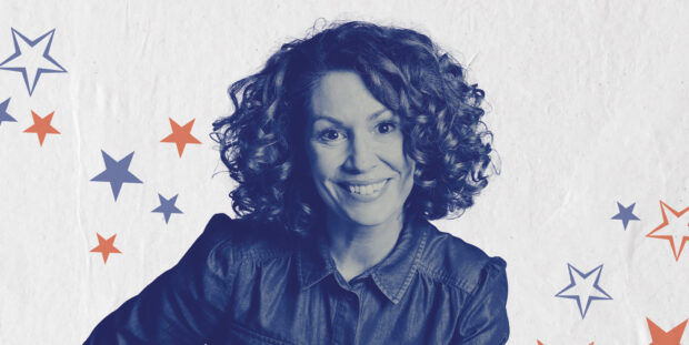 Kitty Flanagan portrait in blue and grey tones.