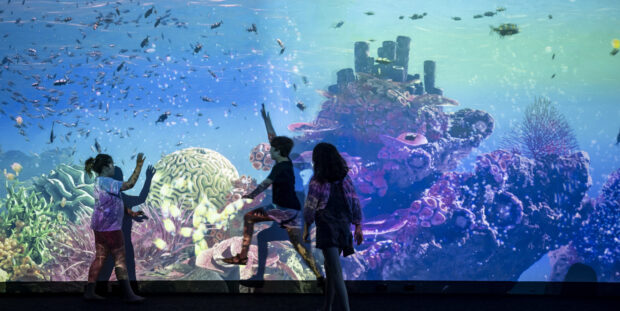 Photograph of a group of children standing in front of a huge interactive projection.
